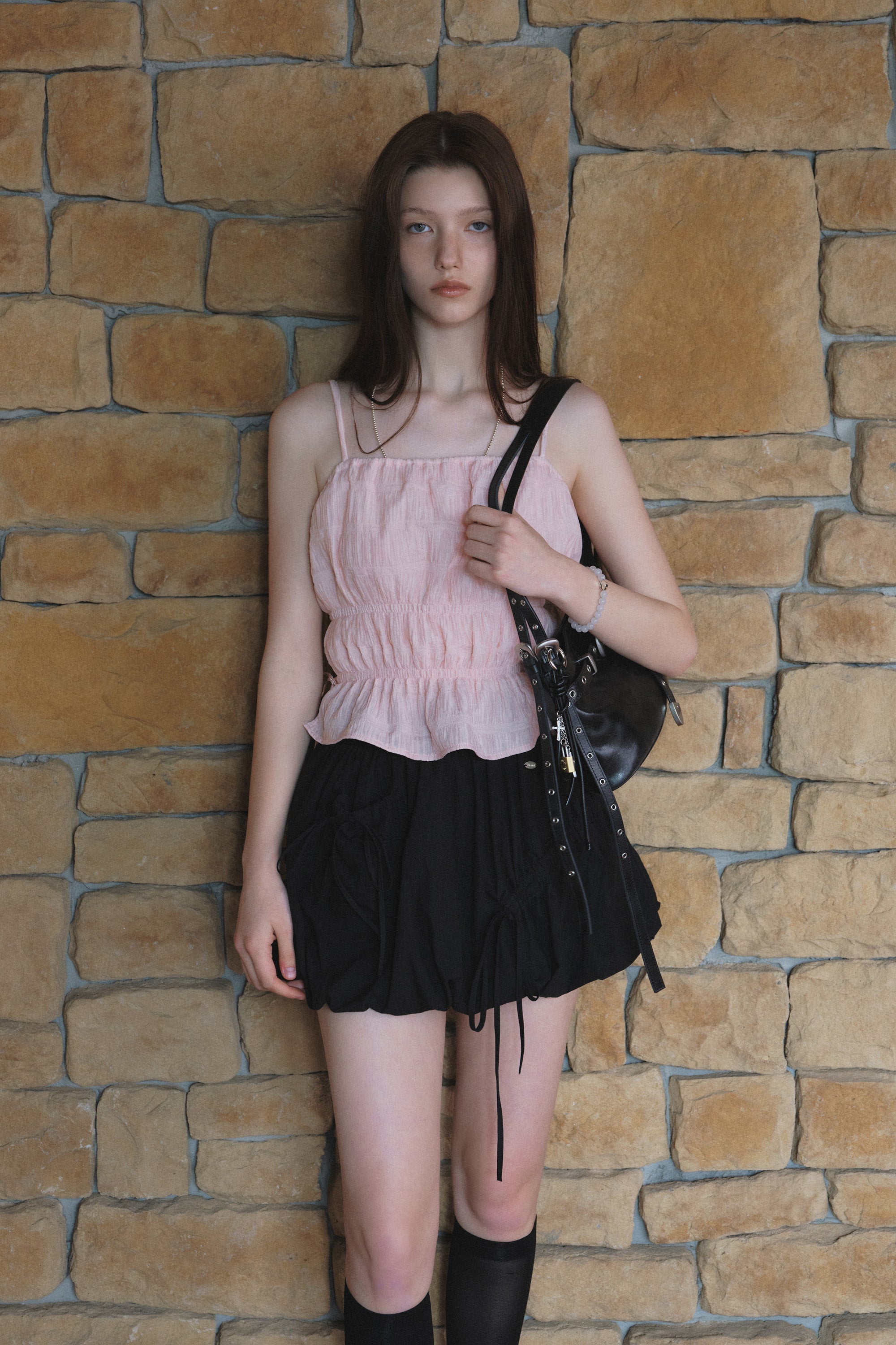 Crinkle Sharring Sleeveless Top.Pink