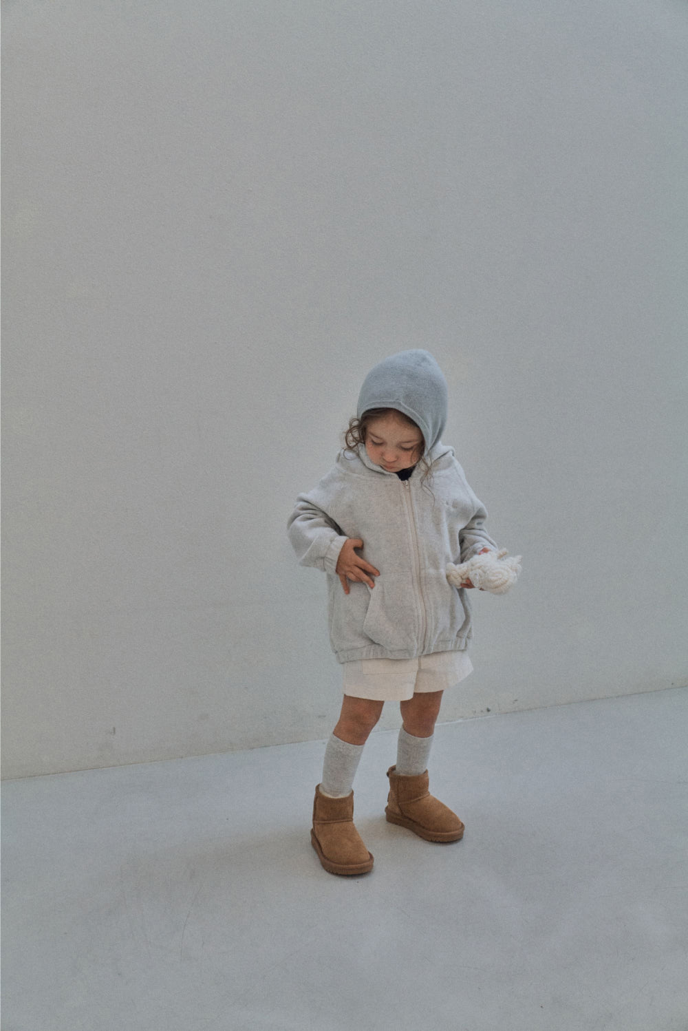 Terry button hooded zip-up