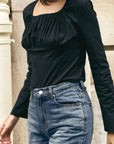 FLAT SHIRRING BLOUSE.BLACK