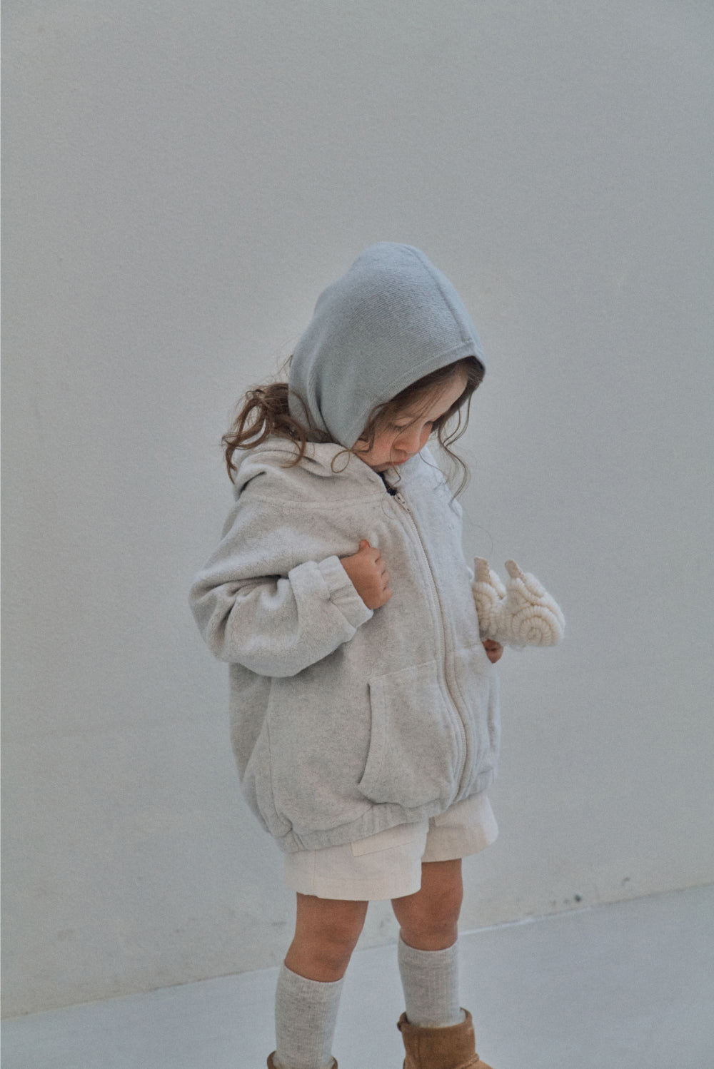 Terry button hooded zip-up