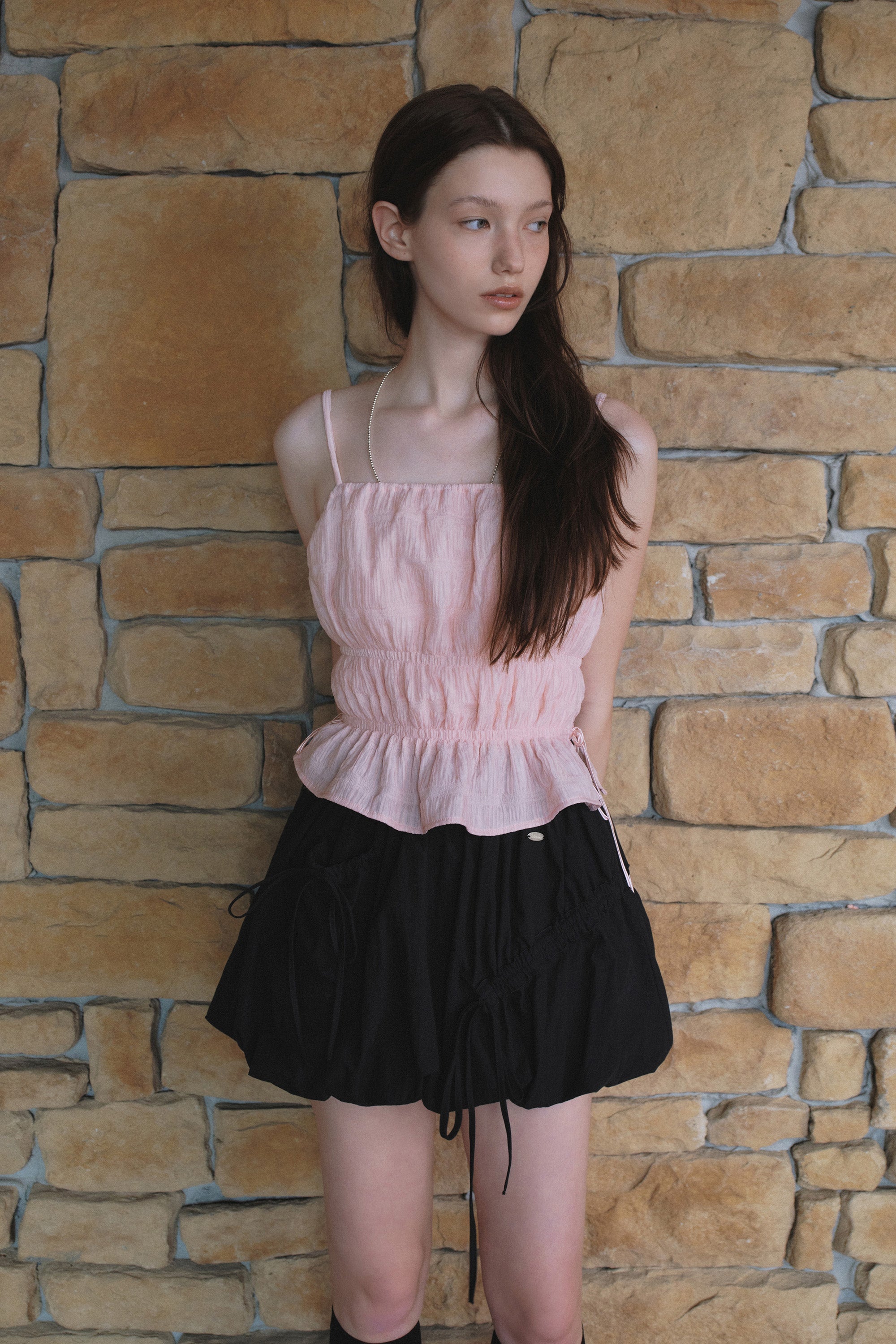 Crinkle Sharring Sleeveless Top.Pink