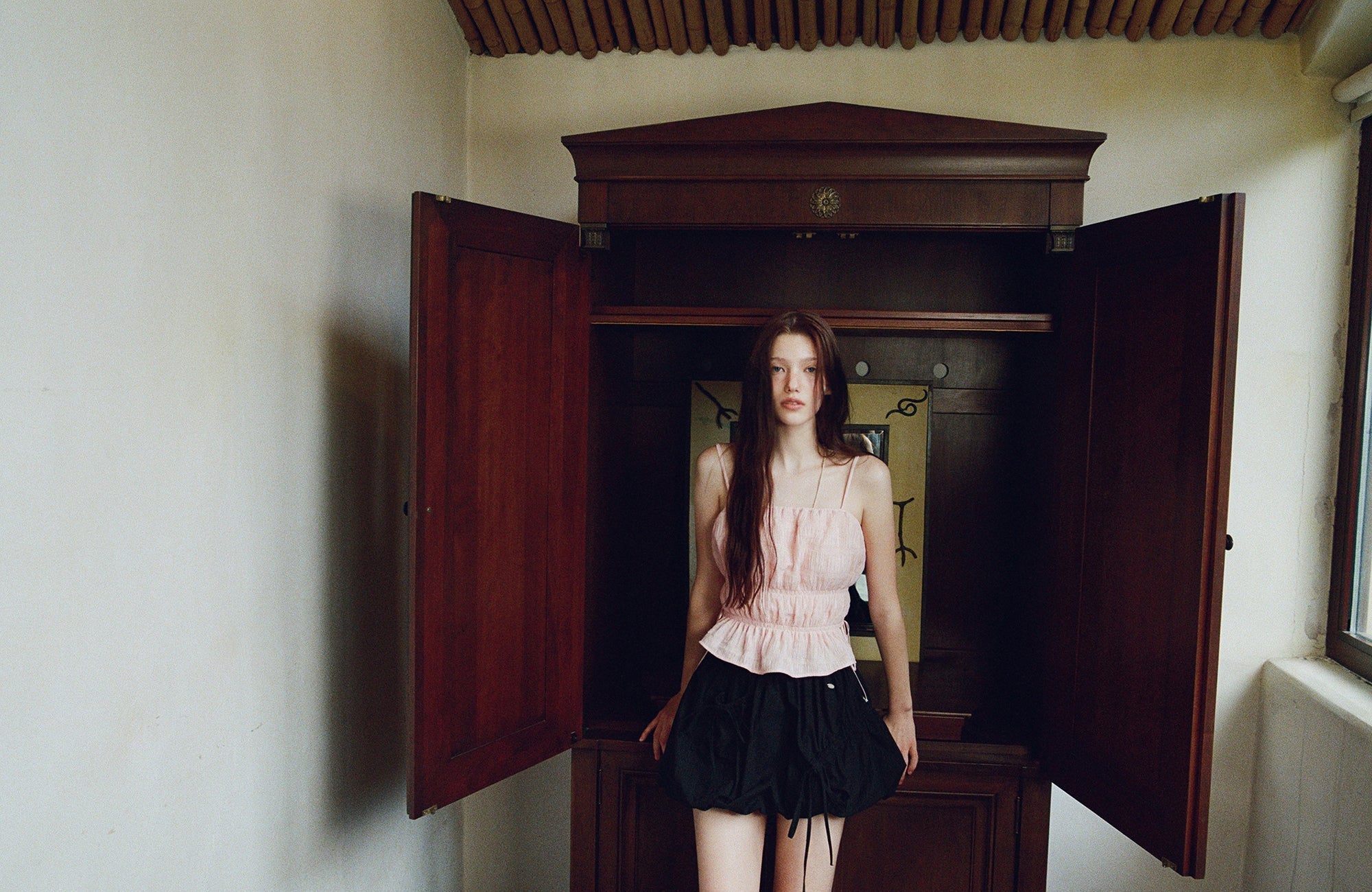 Crinkle Sharring Sleeveless Top.Pink