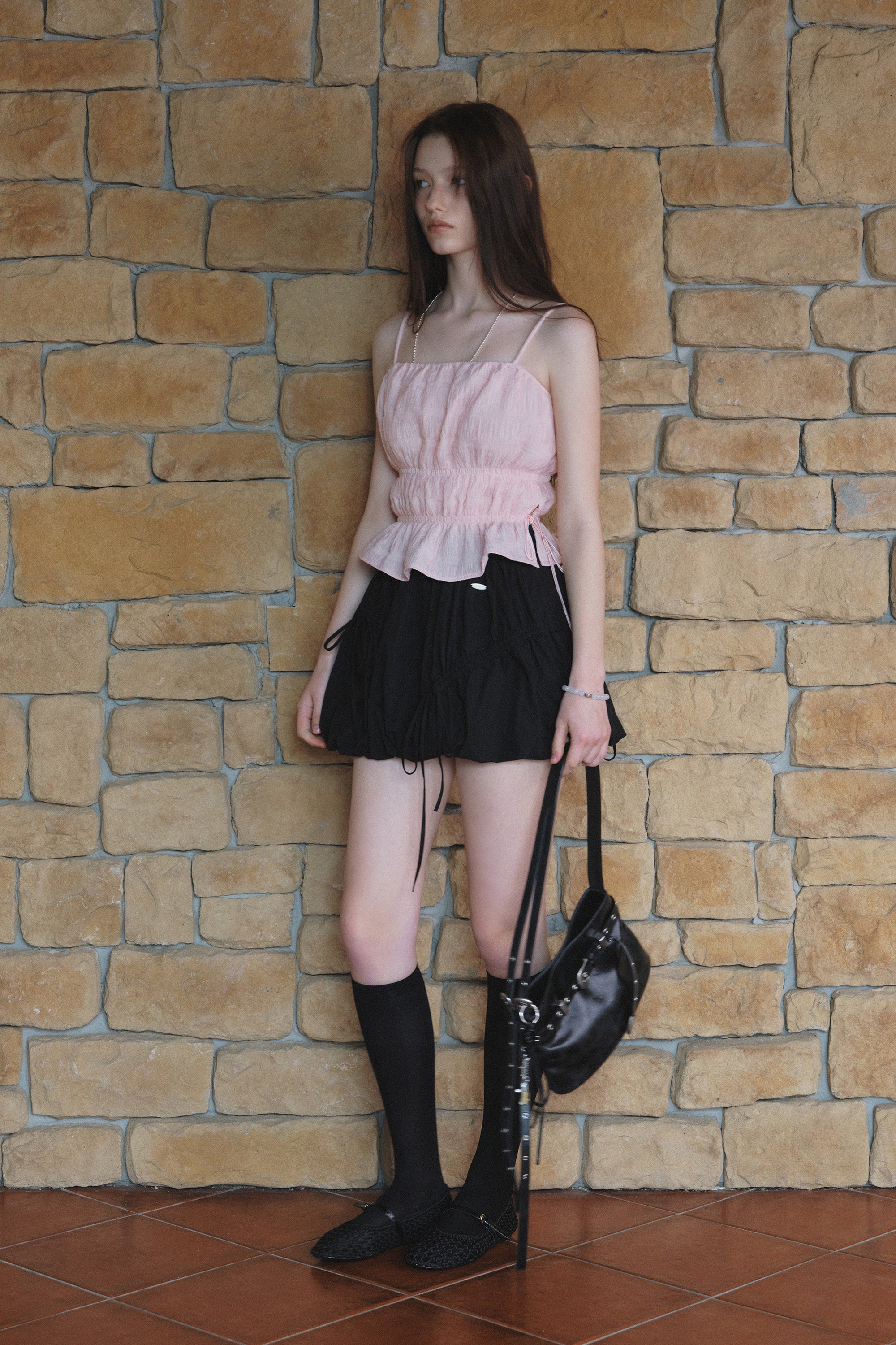 Crinkle Sharring Sleeveless Top.Pink